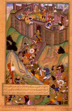 An Iranian colour drawing of a castle, with a walkway leading to it with men passing along it in both directions