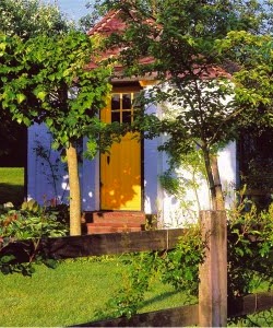 Picture of Roald Dahl's hut surrounded by trees