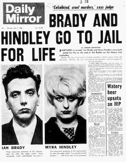 The front page of the Daily Mirror the day after Brady and Hindley were jailed; its headline reads "Brady and Hindley go to jail for life" and includes mug-shots of both. A smaller story has the headline "Watery beer upsets an MP".