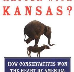 Front cover of the book What's the Matter with Kansas? by Thomas Frank, with the sub-heading "How conservatives won the heart of America". The cover has an image of an elephant on top of a donkey.