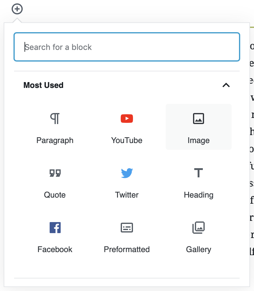 A screenshot of the "most used" blocks in the new WordPress editor