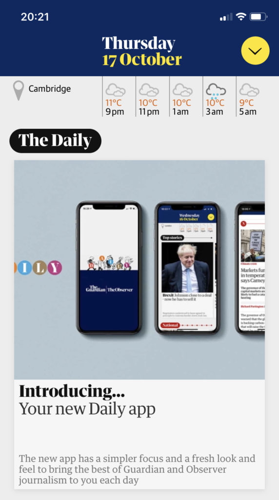 Screenshot from the Guardian's new Daily app on an iPhone.
