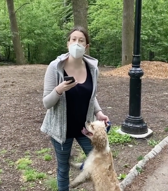 A white woman holding a mobile phone with a small yellowish dog standing up against her, wearing a white face mask, standing on a wood-chip clearing next to a path in a wooded area of a park.