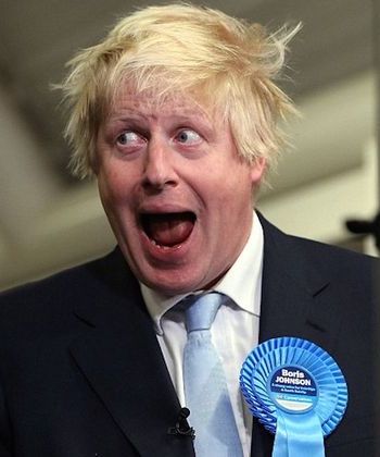 Picture of a staring-eyed, open-mouthed Boris Johnson with wild hair, wearing a blue Conservative Party rosette with his name and a slogan on it, with a pale blue tie over a white shirt and a dark grey jacket over that.