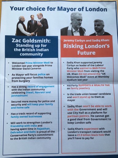 A scan of a mail shot from the 2016 London mayoral election. It shows Zac Goldsmith shaking hands with Narendra Modi, next to Sadiq Khan next to Jeremy Corbyn. It boasts of Goldsmith's friendliness with the Indian Hindu community and with India, while mentioning that Sadiq Khan opposes Modi and that Labour "supports a wealth tax on family jewellery".