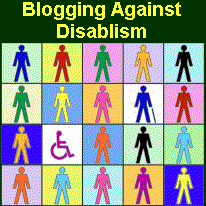 The Blogging Against Disablism logo, showing stickmen of different colours on different coloured backgrounds, one of whom has a cane in his hand and another is a wheelchair symbol.
