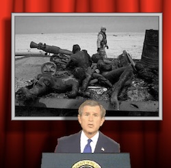 A black-and-white image of a soldier loading or readying to fire a cannon, with another soldier behind him, against red curtains, with Bush 'singing' underneath at a lectern with the presidential seal on it.