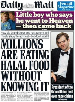 Front page of the Daily Mail, with the headline "Millions are eating halal food without knowing it"
