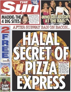 Front page of the Sun, with the headline "Halal secret of Pizza Express"