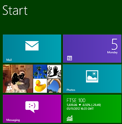 A screenshot from a Windows 8 "Start" screen, showing coloured tiles with an envelope, a smiley and various app details, and some contact icons