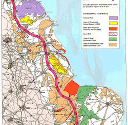 A map of the eastern UK showing a new motorway route running from the M11 in Essex to the north-east via Hull
