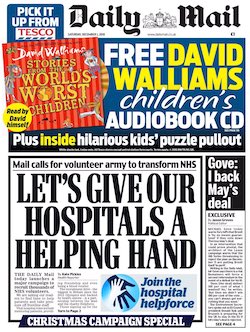 A front page from the Daily Mail, with the headline "Let's give our hospitals a helping hand: Mail calls for volunteer army to transform NHS".