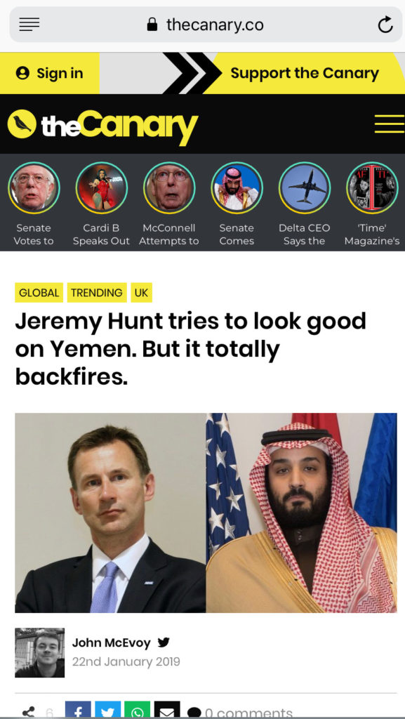 A mobile front page from The Canary, with the headline "Jeremy Hunt tries to look good on Yemen. But it totally backfires."