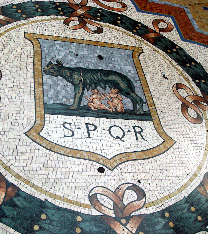 A mosaic showing a female wolf suckling two young boys, with the initials SPQR under it, and a shield shape arranged around it.
