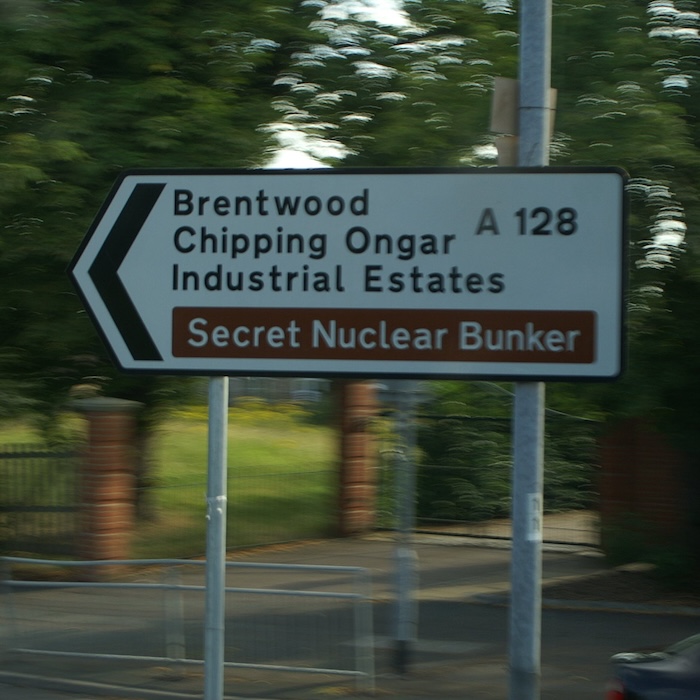 A British roadsign containing directions to a "secret nuclear bunker".
