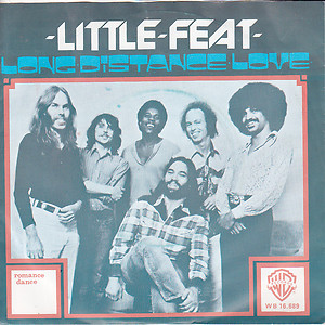 Cover art to the single "Long Distance Love" by Little Feat, showing a black-and-white picture of six men, five standing and one seated.